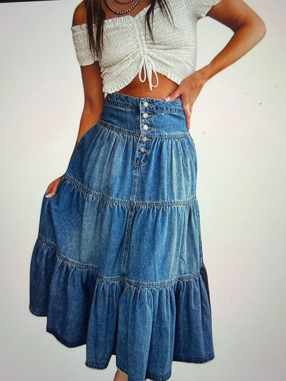 Light Blue Denim Tiered Midi Skirt with Elastic Back- NWT Size S